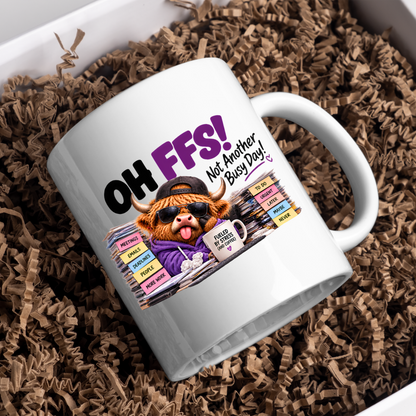 Highland Cow Busy Day Mug "OH FFS! Not Another Busy Day!" Oh Ffs! Not Another Busy Day! 325ml Ceramic Coffee Mug – Cute Highland Cow at Messy Office Desk with Stacks of Files & Coffee Mug | Funny Workplace Gift | Fast Dispatch by UK Seller (M3383)