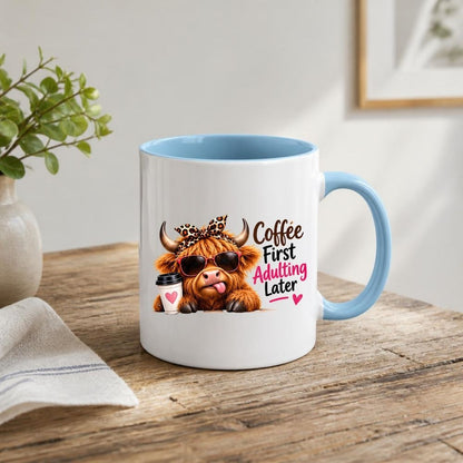 Humorous Mug "Coffee First Adulting Later" Highland Cow 325ml Ceramic Coffee Mug Cute Animal Tea Cup with Sunglasses, Leopard Bow & Coffee Cup Gift | Available in Multicolours | Fast Dispatch by UK Seller (M1276)