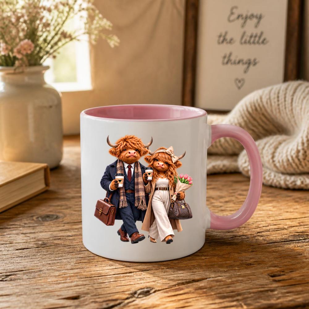 Highland Cow Mug "Dressed To Impress Highland Cow Couple" 325ml Ceramic Coffee Mug – Stylish Highland Cow Couple in Suits Trench Coats Carrying Coffee Romantic Gift For Couples Anniversaries | Available in Multicolours | Fast Dispatch by UK Seller (M3259)