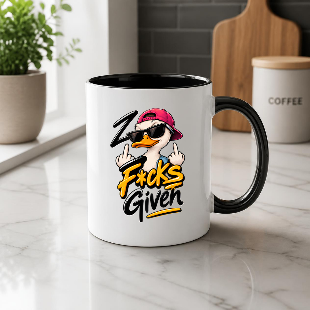 Sarcastic Mug "ZERO F*CKS GIVEN" Cool Duck 325ml Ceramic Coffee Mug Novelty Duck Tea Cup with Sunglasses, Cap & Middle Fingers Graphic Gift | Available in Multicolours | Fast Dispatch by UK Seller (M3084)