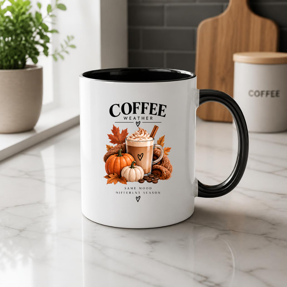 Cozy Autumn Pumpkin Spice Latte Mug "Coffee Weather: Same Mood Different Season" Graphic 325ml Ceramic Coffee Cup Autumn Drink with Whipped Cream Novelty Tea Cup | Cozy Fall Gift for Coffee Lovers | Available in Multicolours | Fast Dispatch (M3132)