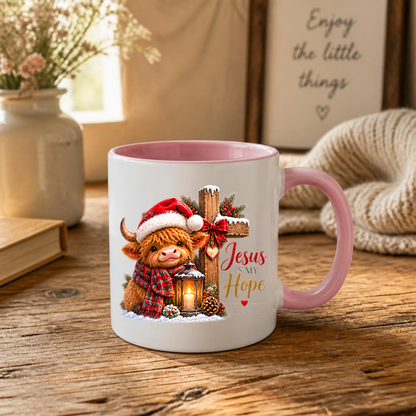 Christmas Mug "Jesus Is My Hope Highland Cow" Jesus Is My Hope Highland Cow 325ml Ceramic Coffee Mug – Festive Highland Coo Mug with Santa Hat Wooden Cross Lantern Christian Holiday Gift | Available in Multicolours | Fast Dispatch by UK Seller (M3305)