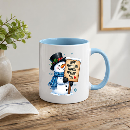 Heartwarming Mug "Some People Are Worth Melting For" Snowman Ceramic Coffee Mug – Cute Winter Holiday Tea Cup with Blue Scarf & Wooden Sign Quote Gift | Available in Multicolours | Fast Dispatch by UK Seller (M1233)