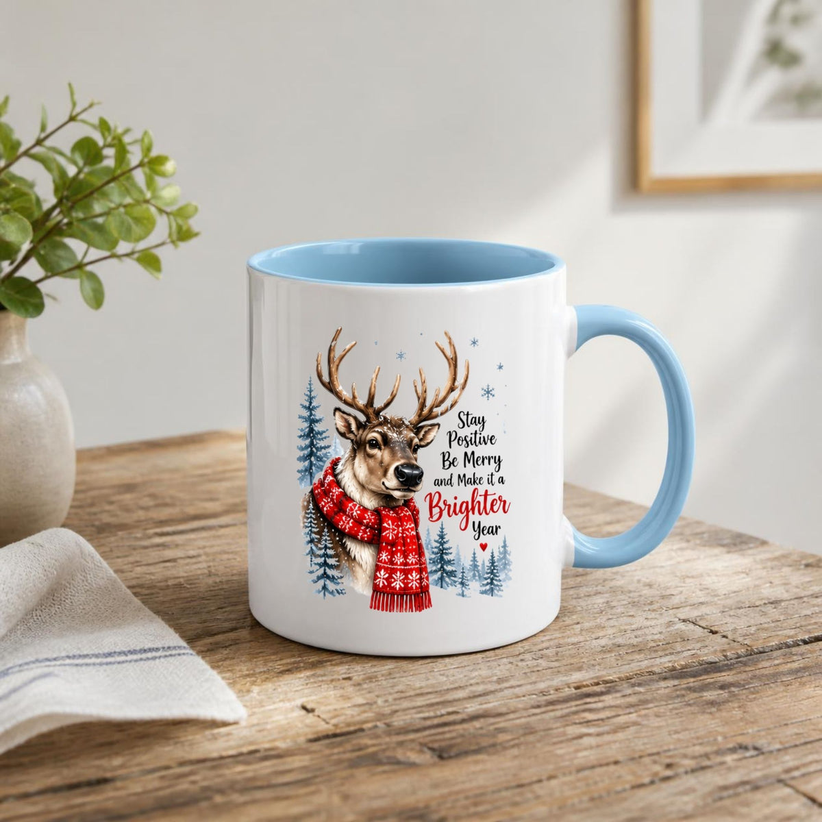 Uplifting Mug "Stay Positive Be Merry and Make it a Brighter Year" Reindeer 325ml Ceramic Coffee Mug Cozy Winter Holiday Tea Cup with Red Snowflake Scarf & Pine Forest Gift | Available in Multicolours | Fast Dispatch by UK Seller (M1259)