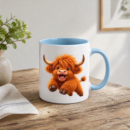 Joyful Jumping Baby Highland Cow Coffee Mug - Cute Playful Farm Animal Ceramic Tea Cup for Happy Morning & Animal Lover Gift (M1216)
