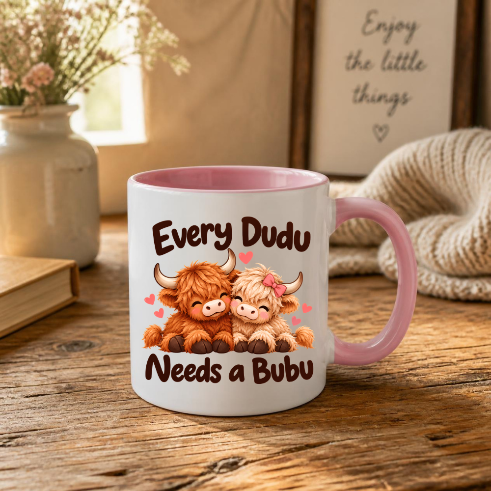 Cute Highland Cow Mug "Every Dudu Needs A Bubu" Every Dudu Needs A Bubu 325ml Ceramic Coffee Mug – Adorable Cuddling Couple Highland Cows with Pink Bow & Floating Hearts | Romantic Couple Gift | Fast Dispatch by UK Seller (M3455)
