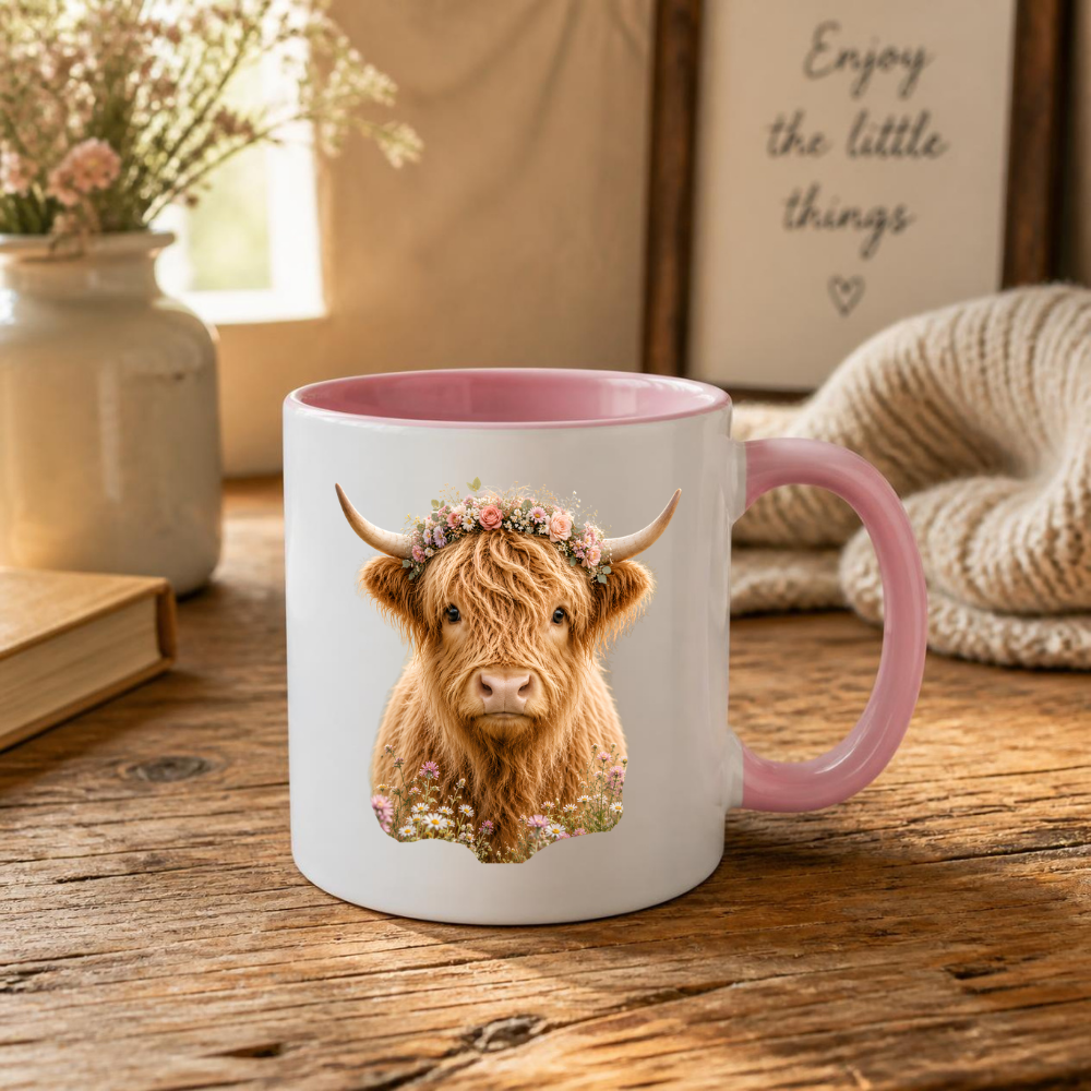 Floral Mug "Boho Highland Cow" Floral Crown Highland Cow 325ml Ceramic Coffee Mug Pretty Botanical Tea Cup with Pink Rose Flower Crown Graphic Gift | Available in Multicolours | Fast Dispatch by UK Seller (M3152)