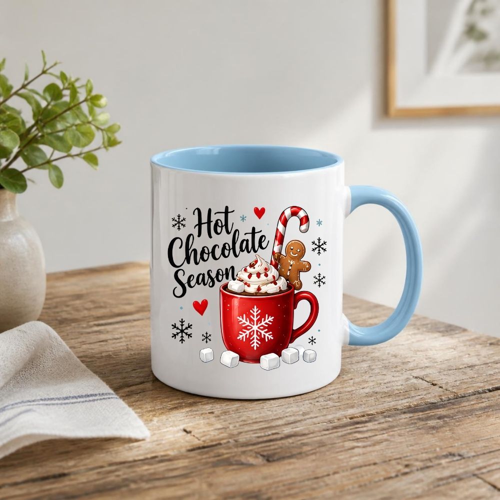 Cozy Mug "Hot Chocolate Season" Red Snowflake 325ml Ceramic Coffee Mug – Winter Holiday Tea Cup with Marshmallows, Gingerbread Man & Candy Cane | Available in Multicolours | Fast Dispatch by UK Seller (M1270)