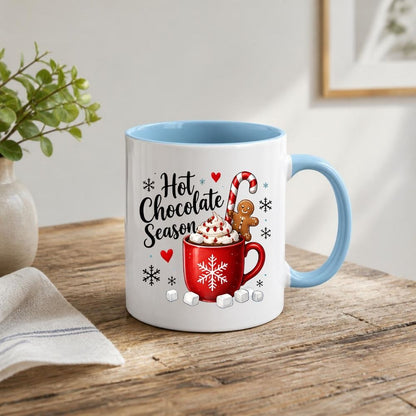 Cozy Mug "Hot Chocolate Season" Red Snowflake 325ml Ceramic Coffee Mug – Winter Holiday Tea Cup with Marshmallows, Gingerbread Man & Candy Cane | Available in Multicolours | Fast Dispatch by UK Seller (M1270)