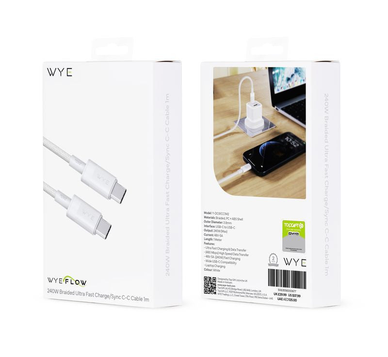 240W Braided Ultra Fast USB-C to USB-C Cable 1m | High-Power PD Data Sync Lead for Laptops & Mobiles