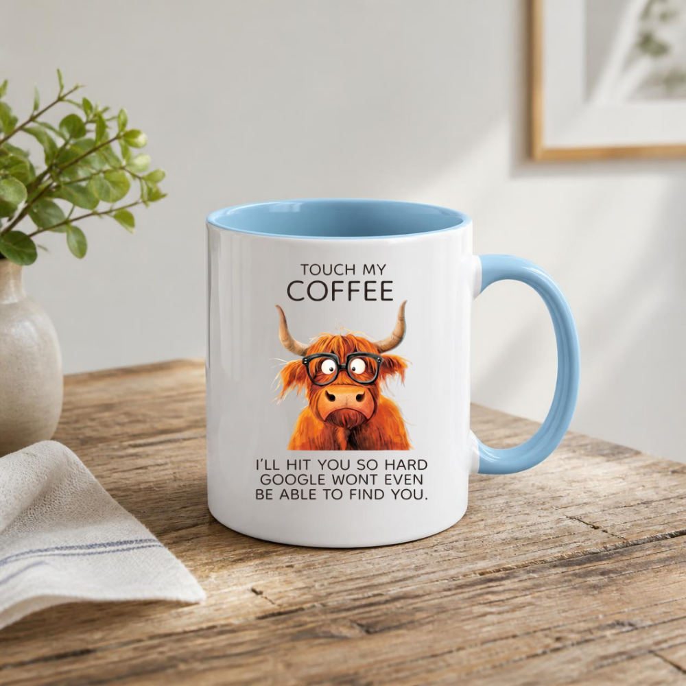 Funny Highland Cow "Touch My Coffee" Coffee Mug - Sarcastic Meme Animal Ceramic Tea Cup with Glasses & Funny Quote Gift (M1206)