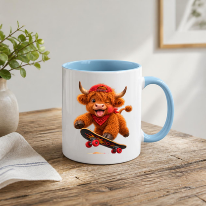 Skateboard Highland Cow Ceramic Coffee Mug - Cool Fluffy Farm Animal Baseball Cap & Bandana Tea Cup for Skaters & Animal Lovers (M1220)