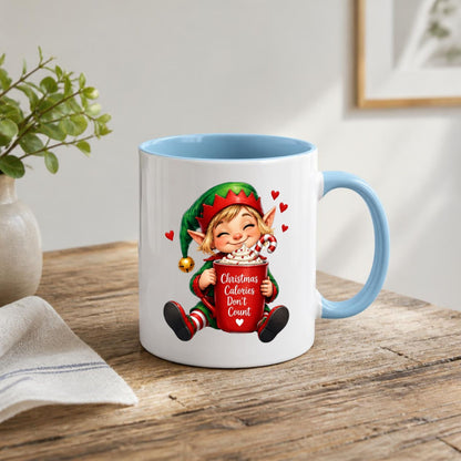 Cozy Mug "Christmas Calories Don't Count" Christmas Elf 325ml Ceramic Coffee Mug Funny Holiday Tea Cup with Whipped Cream & Candy Cane Gift | Available in Multicolours | Fast Dispatch by UK Seller (M1245)