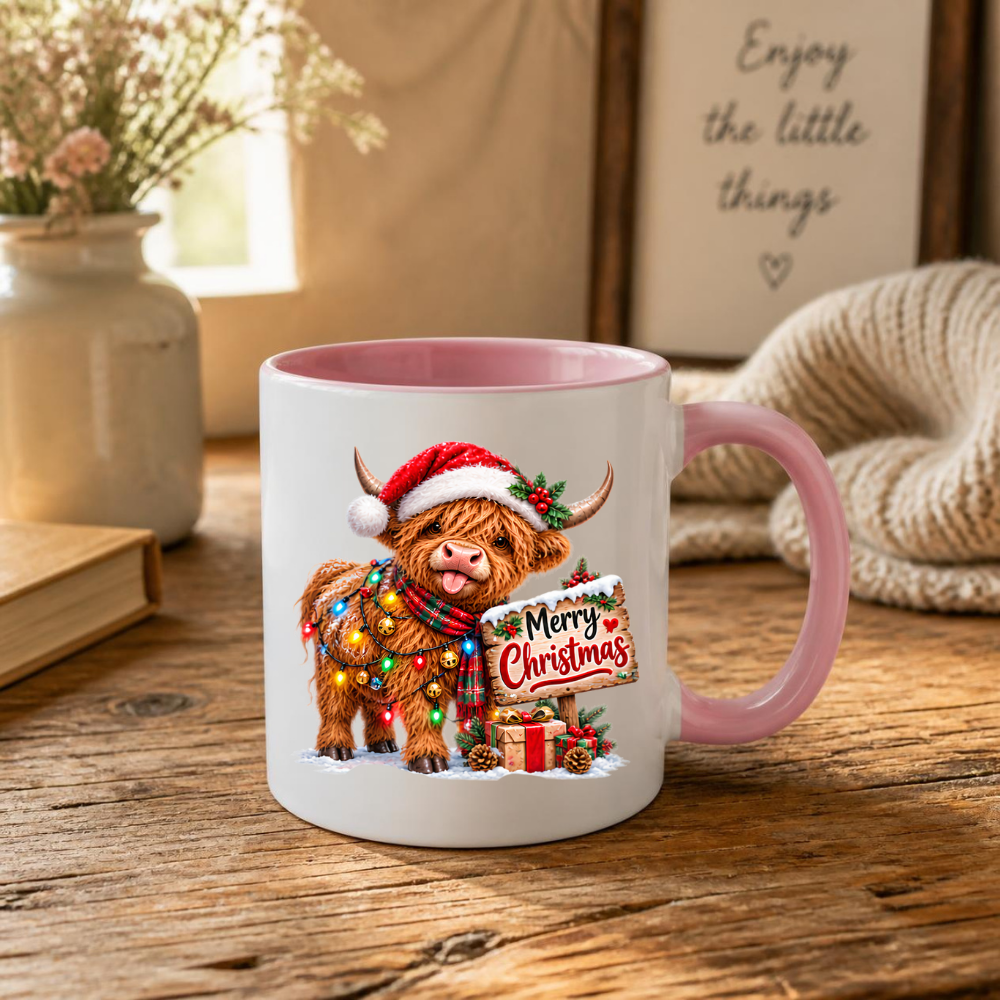 Christmas Mug "Festive Lights Santa Hat Merry Christmas" Festive Santa Hat Highland Cow 325ml Ceramic Coffee Mug – Cute Christmas Wooden Sign Tea Cup With Festive Lights Gift Box Present | Available in Multicolours | Fast Dispatch by UK Seller (M3170)