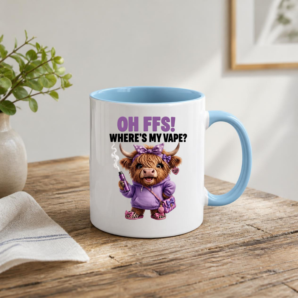 Funny Highland Cow "Where's My Vape" Coffee Mug - Sarcastic Meme Animal Ceramic Tea Cup for Vapers & Novelty Gift (M1205)