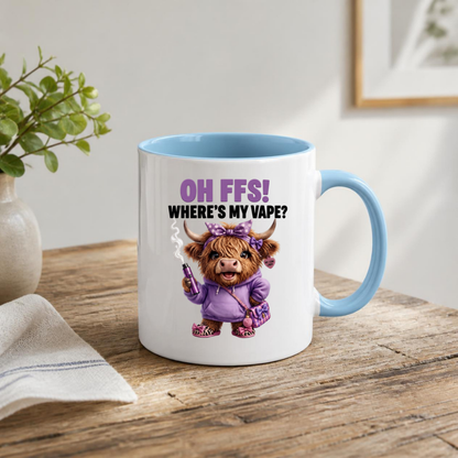 Funny Highland Cow "Where's My Vape" Coffee Mug - Sarcastic Meme Animal Ceramic Tea Cup for Vapers & Novelty Gift (M1205)
