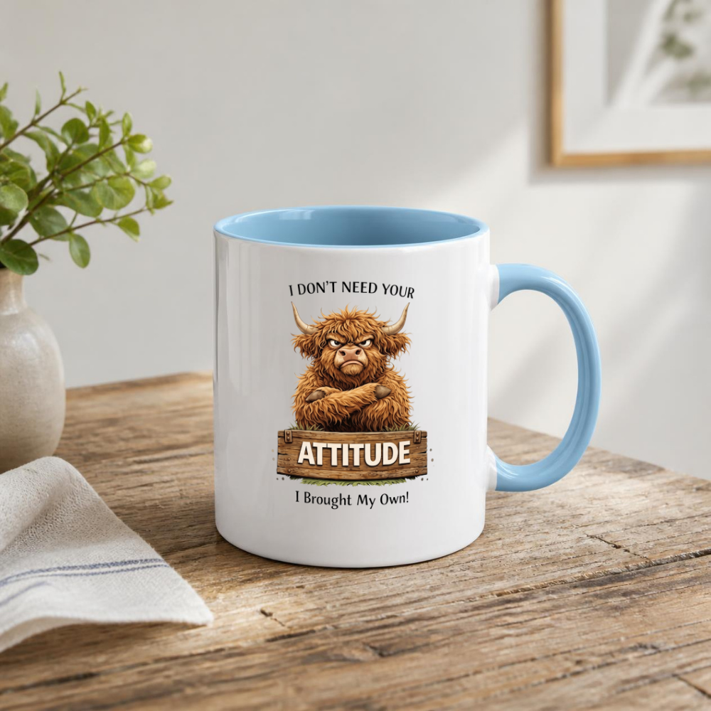 Funny Grumpy Highland Cow "I Don't Need Your Attitude" Coffee Mug - Sarcastic Farm Animal Ceramic Tea Cup with Crossed Arms & Wooden Sign Quote Gift (M1208)
