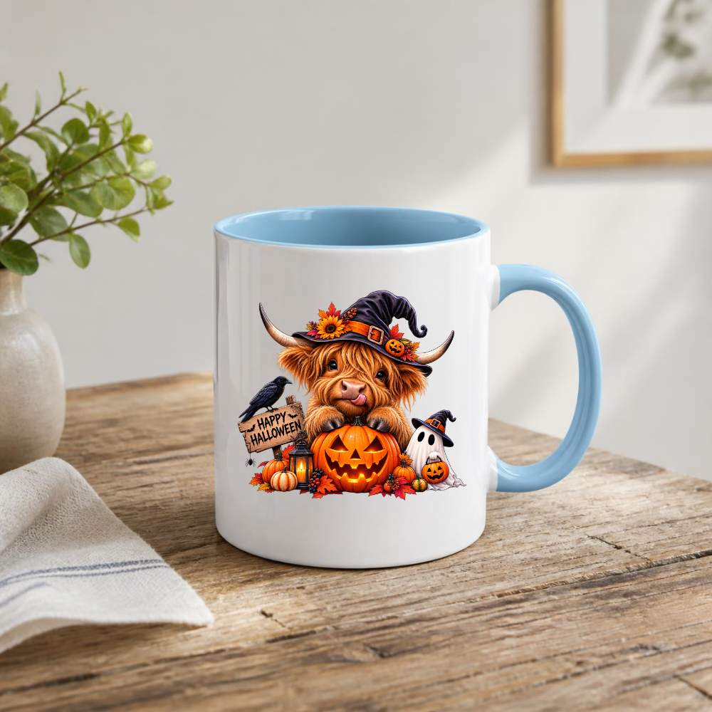 Spooky Cute Halloween Highland Cow Coffee Mug - Witch Hat & Jack-o'-Lantern Pumpkin Ceramic Tea Cup for Fall & Spooky Season Decor (M1212)