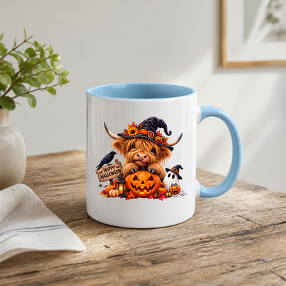 Spooky Cute Halloween Highland Cow Coffee Mug - Witch Hat & Jack-o'-Lantern Pumpkin Ceramic Tea Cup for Fall & Spooky Season Decor (M1212)