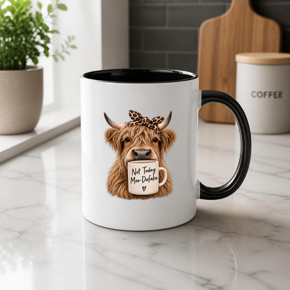 Sarcastic Mug "Not Today Moo-Dafaka" Highland Cow 325ml Ceramic Coffee Mug Funny Cow Tea Cup with Leopard Print Bow & Mini Mug Graphic Gift | Available in Multicolours | Fast Dispatch by UK Seller (M3006)