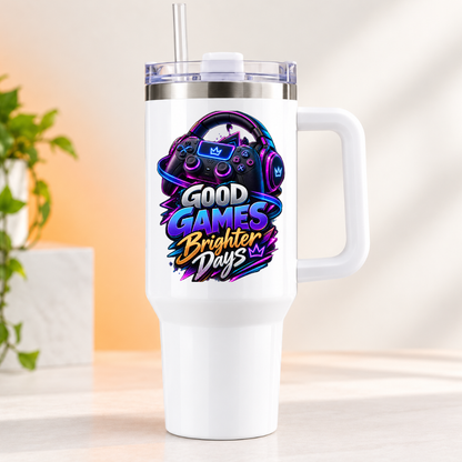 Neon Gaming Travel Tumbler "Good Games Brighter Days" Graphic 40oz Stainless Steel Insulated Travel Mug with Handle & Straw – Headset, Game Controller & Neon Swirl Novelty Gift for Gamers | Fast Dispatch by UK Seller (T3060)
