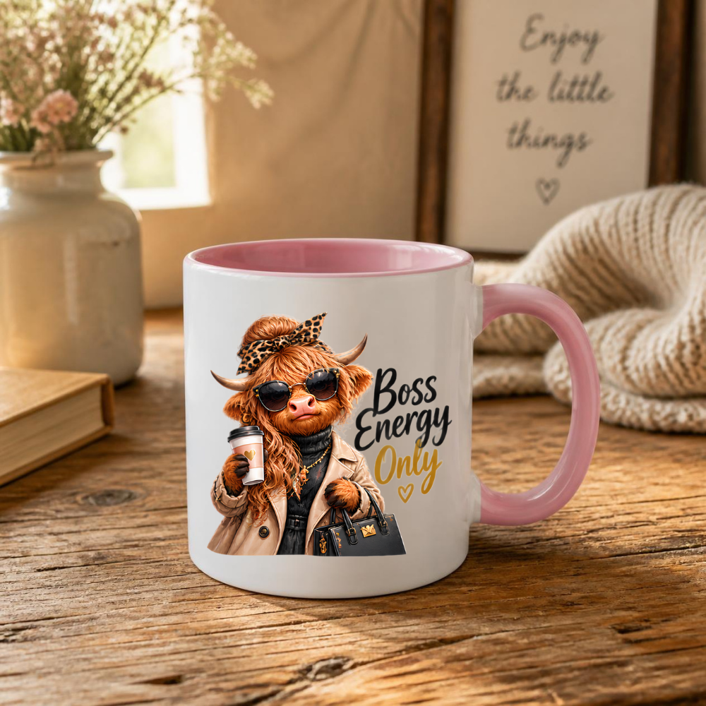 Highland Cow Mug "Boss Energy Only Highland Cow" 325ml Ceramic Coffee Mug – Stylish Highland Cow in Leopard Bow, Trench Coat Sunglasses Holding Coffee Cup Designer Bag Office Boss Gift | Available in Multicolours | Fast Dispatch by UK Seller (M3277)
