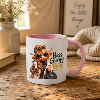 Highland Cow Mug "Boss Energy Only Highland Cow" 325ml Ceramic Coffee Mug – Stylish Highland Cow in Leopard Bow, Trench Coat Sunglasses Holding Coffee Cup Designer Bag Office Boss Gift | Available in Multicolours | Fast Dispatch by UK Seller (M3277)