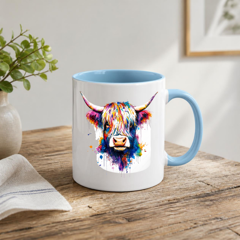 Colorful Watercolor Splash Highland Cow Ceramic Coffee Mug (M1209)