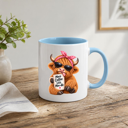 Sassy Mug Highland Cow "More Coffee Less Moo-dle" Ceramic Coffee Mug - Funny Farm Animal with Pink Headband & Sunglasses Tea Cup Gift 350ml | Available in Multicolours | Fast Dispatch by UK Seller (M1222)