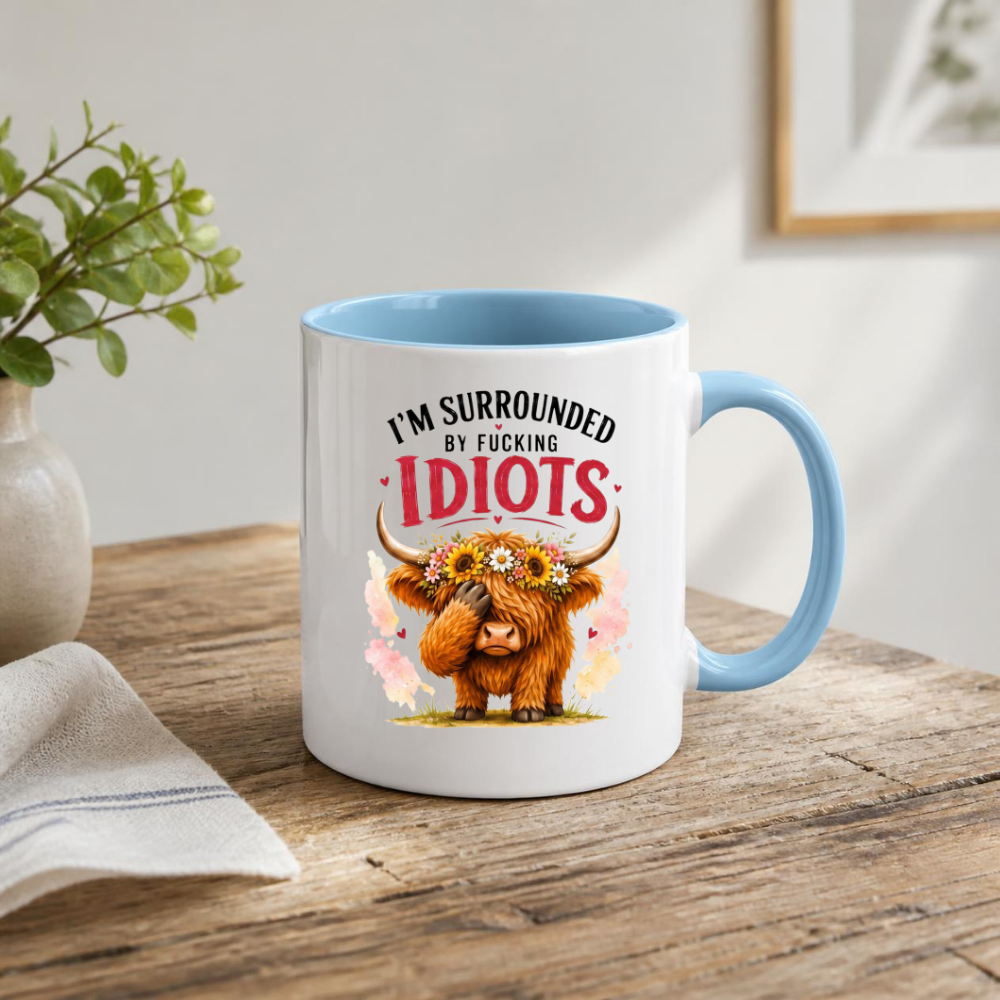 Funny Facepalm Highland Cow "I'm Surrounded by Fucking Idiots" Coffee Mug - Sarcastic Farm Animal Ceramic Tea Cup with Sunflower Crown & Relatable Meme Quote Gift (M1210)