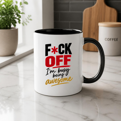 Swearing Mug "F*CK OFF I'm Busy Being Awesome" Sarcastic Typography 325ml Ceramic Coffee Mug Bold Funny Work Cup with Red Accent Text Gift | Available in Multicolours | Fast Dispatch by UK Seller (M3060)