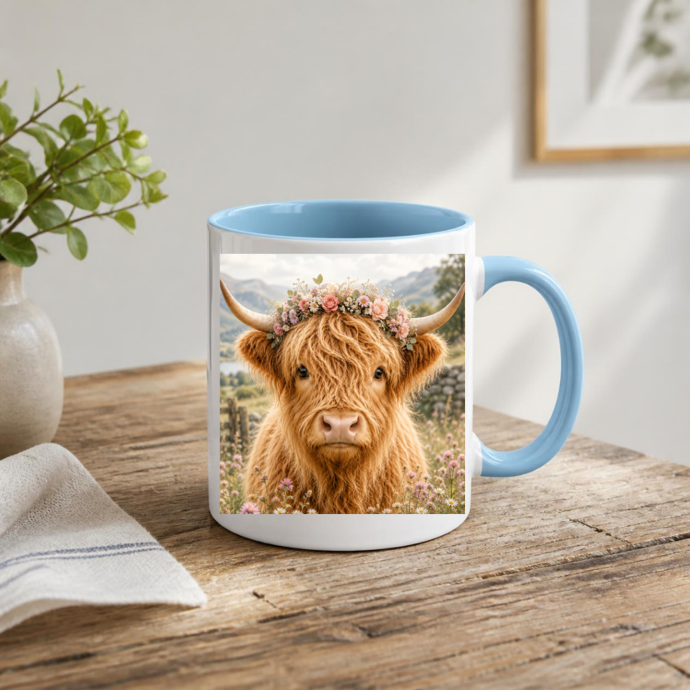 Fluffy Highland Cow Coffee Mug with Floral Crown - Cute Farmhouse Animal Ceramic Tea Cup for Rustic Kitchen Decor & Nature Lovers (M1202)