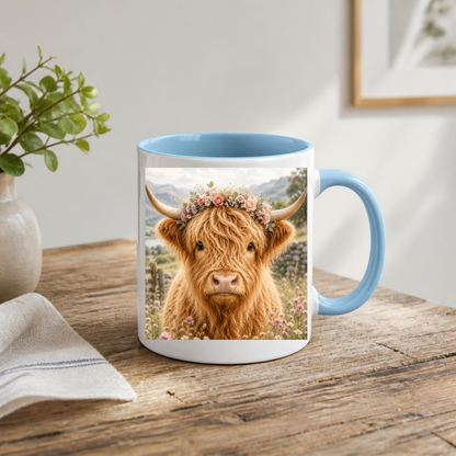 Fluffy Highland Cow Coffee Mug with Floral Crown - Cute Farmhouse Animal Ceramic Tea Cup for Rustic Kitchen Decor & Nature Lovers (M1202)