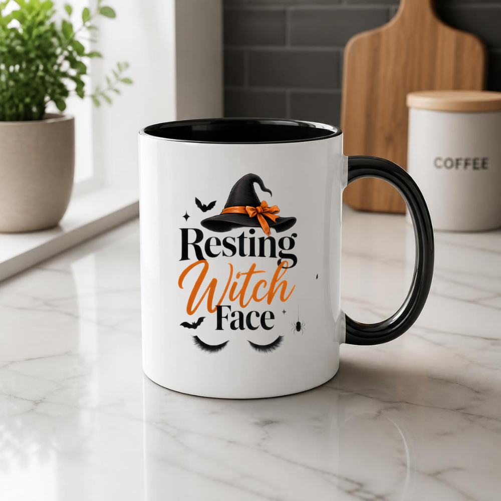 Halloween Mug "Resting Witch Face" Witch Hat 325ml Ceramic Coffee Mug – Sassy Eyelashes Tea Cup with Bow & Spider Graphic Gift | Available in Multicolours | Fast Dispatch by UK Seller (M3076)