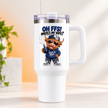 Funny Highland Cow 40oz Tumbler “OH FFS! Where’s My V?” – Boy & Girl Designs | Large White Reusable Travel Cup with Handle & Straw | Cheeky & Sarcastic Gift for Him, Her, Friends & Couples | Fast Dispatch by UK Seller (T1001)