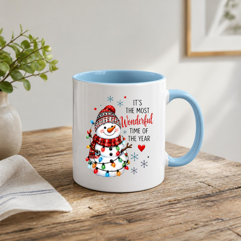 Festive Mug "Most Wonderful Time" Snowman Ceramic Coffee Mug – Cute Winter Holiday Tea Cup with Fairy Lights & Scarf Gift 350ml | Available in Multicolours | Fast Dispatch by UK Seller (M1234)