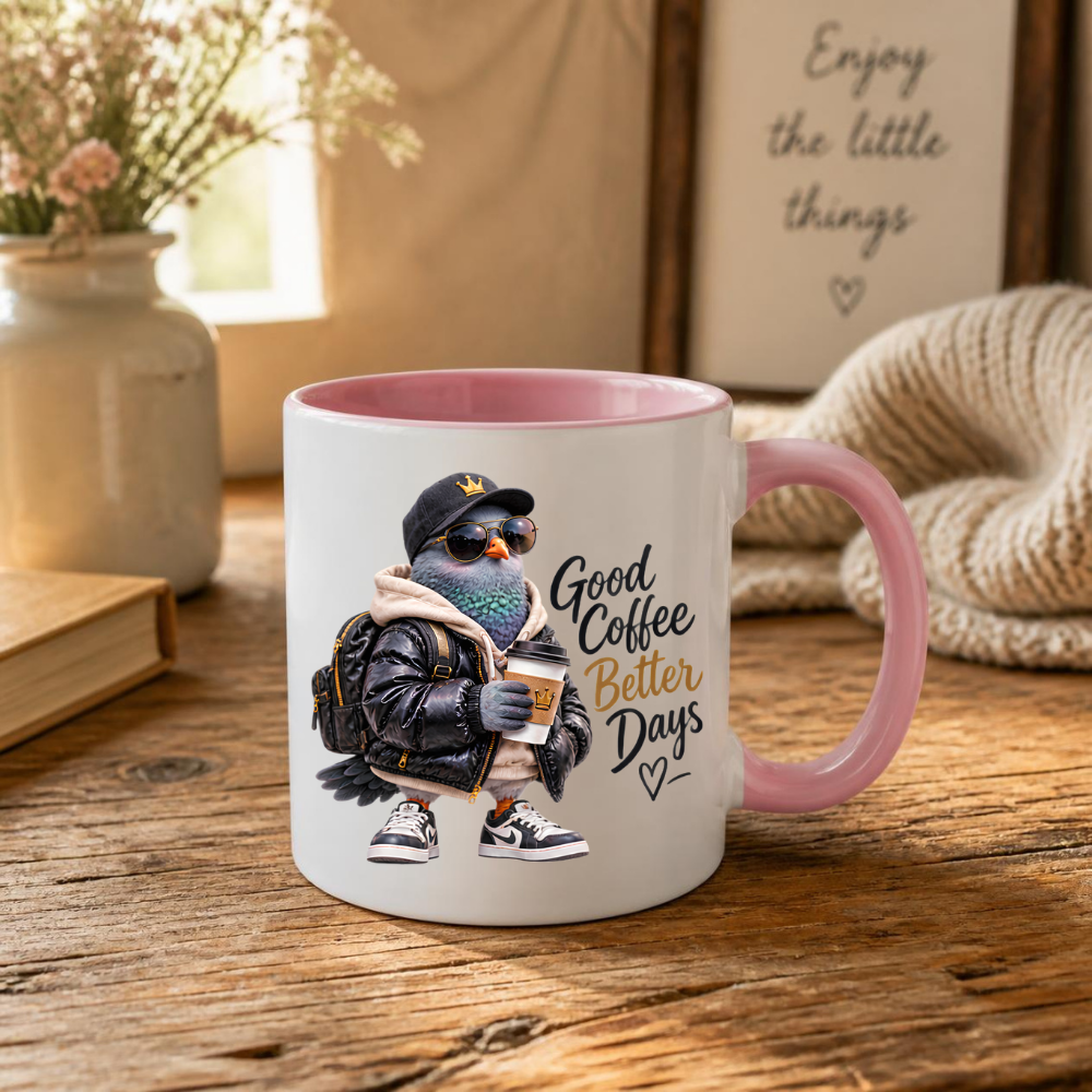 Coffee Mug "Good Coffee Better Days Cool Pigeon" 325ml Ceramic Coffee Mug – Cool Pigeon in Cap, Sunglasses, Puffer Jacket Sneakers Funny Streetwear Bird Mug Gift For Coffee Lovers Friends | Available in Multicolours | Fast Dispatch by UK Seller (M3234)