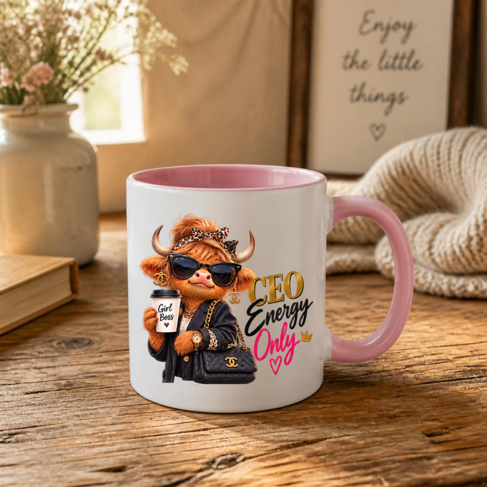 Boss Lady Mug "CEO Energy Only Highland Cow" CEO Energy Only Highland Cow 325ml Ceramic Coffee Mug – Glamorous Girl Boss Tea Cup with Sunglasses Leopard Headband Coffee Graphic Gift | Available in Multicolours | Fast Dispatch by UK Seller (M3194)