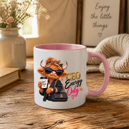 Boss Lady Mug "CEO Energy Only Highland Cow" CEO Energy Only Highland Cow 325ml Ceramic Coffee Mug – Glamorous Girl Boss Tea Cup with Sunglasses Leopard Headband Coffee Graphic Gift | Available in Multicolours | Fast Dispatch by UK Seller (M3194)