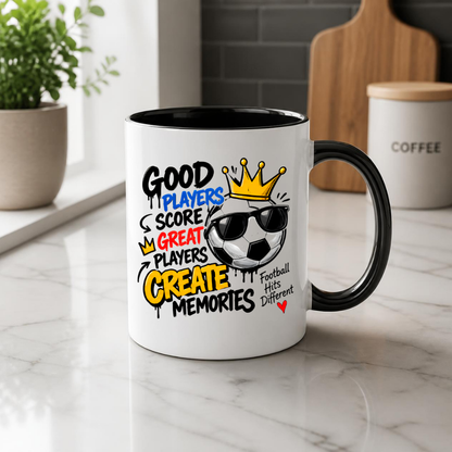 Football Mug "GOOD PLAYERS SCORE GREAT PLAYERS CREATE MEMORY" Cool Football 325ml Ceramic Coffee Mug – Sporty Football Tea Cup with Crown, Sunglasses & "Football Hits Different" Graphic Gift | Available in Multicolours | Fast Dispatch by UK Seller (M3092)