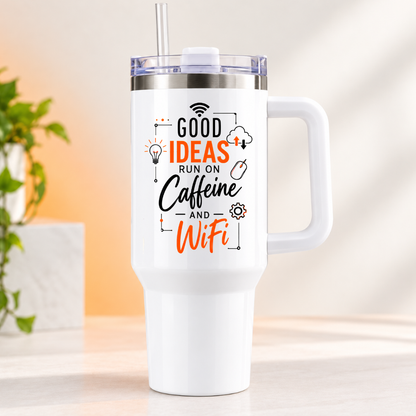 Funny Office Tech Travel Tumbler "GOOD IDEAS RUN ON Caffeine AND WiFi" Graphic 40oz Stainless Steel Insulated Travel Mug with Handle & Straw – Lightbulb, Cloud, Mouse & Gear Icons Novelty Gift for Coders & Office | Fast Dispatch by UK Seller (T3054)