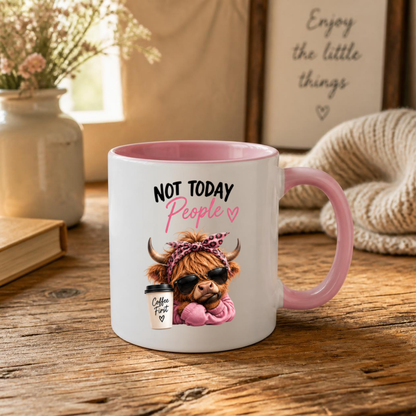 Sassy Highland Cow Mug "Not Today People, Coffee First" Graphic 325ml Ceramic Coffee Cup – Highland Cow in Sunglasses, Pink Hoodie & Leopard Bandana Novelty Tea Cup | Sarcastic Gift for Her | Available in Multicolours | Fast Dispatch by UK Seller (M3134)