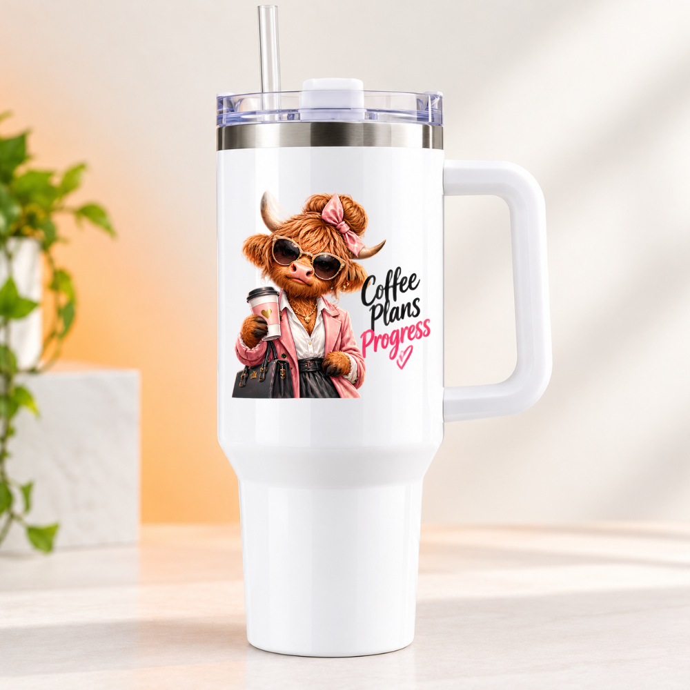 Sassy Highland Cow Travel Tumbler "Coffee Plans Progress" Graphic 40oz Stainless Steel Insulated Travel Mug with Handle & Straw – Fashion Cow in Pink Blazer, Sunglasses, Handbag & Coffee Cup Novelty Travel Cup | Fast Dispatch by UK Seller (T3021)