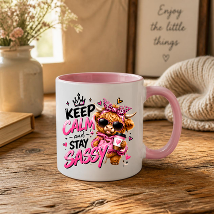 Highland Cow Mug "Keep Calm And Stay Sassy" 325ml Ceramic Coffee Tea Cup – Pink Leopard Bow, Hoodie, Coffee & Slogan Novelty Gift for Bestie, Women, Birthday – Fast Dispatch by UK Seller (M3503)
