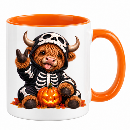 Halloween Mug "Skeleton Hoodie Highland Cow" Skeleton Hoodie Highland Cow 325ml Ceramic Coffee Mug – Halloween Autumn Tea Cup with Skeleton Onesie Skull Hood Glowing Pumpkin Graphic Gift | Available in Multicolours | Fast Dispatch by UK Seller (M3201)