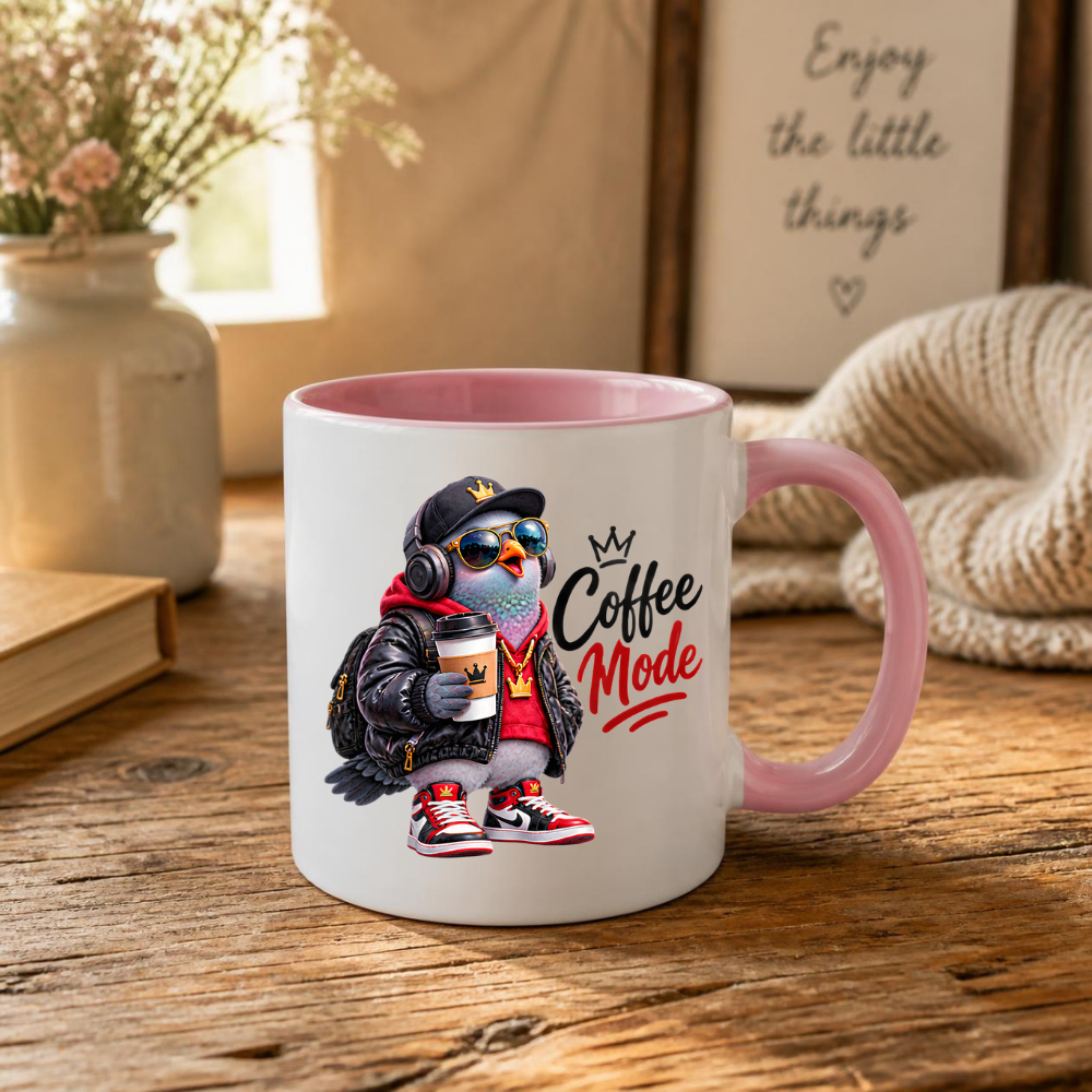Coffee Mug "Coffee Mode Cool Pigeon" 325ml Ceramic Coffee Mug – Cool Pigeon in Cap, Headphones, Leather Jacket, Hoodie & Sneakers Funny Streetwear Bird Mug Gift For Coffee Lovers Friends | Available in Multicolours | Fast Dispatch by UK Seller (M3240)