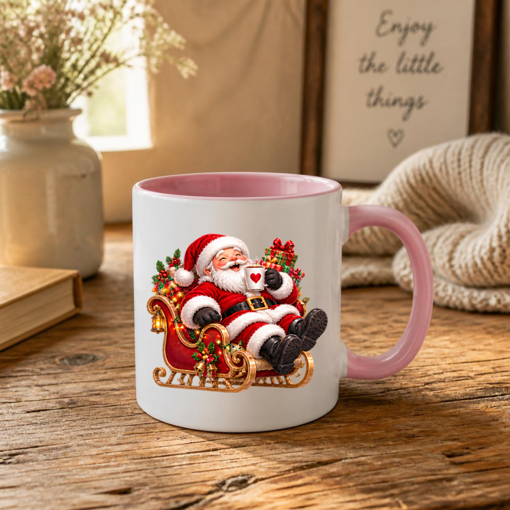 Christmas Mug "Relaxing Santa Sleigh Coffee Heart" Relaxing Santa Sleigh 325ml Ceramic Coffee Mug – Festive Christmas Tea Cup with Jolly Santa Claus In Sleigh Heart Mug Graphic Gift | Available in Multicolours | Fast Dispatch by UK Seller (M3182)