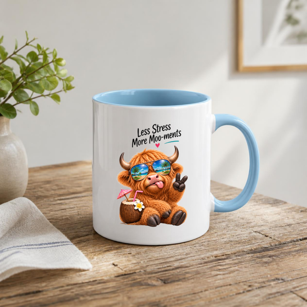 Novelty Mug Relaxing Tropical Highland Cow "Less Stress More Moo-ments" Ceramic Coffee Mug – Beach Vacation Farm Animal with Sunglasses & Coconut Drink Tea Cup Gift | Available in Multicolours | Fast Dispatch by UK Seller (M1226)