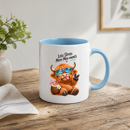 Novelty Mug Relaxing Tropical Highland Cow "Less Stress More Moo-ments" Ceramic Coffee Mug – Beach Vacation Farm Animal with Sunglasses & Coconut Drink Tea Cup Gift | Available in Multicolours | Fast Dispatch by UK Seller (M1226)