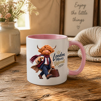 London Mug "London Moves Different Gentlemen Highland Cow" 325ml Ceramic Coffee Mug – Dapper Gentleman Highland Cow Commuter With Coffee Leather Briefcase Trench Coat Office Gift | Available in Multicolours | Fast Dispatch by UK Seller (M3283)